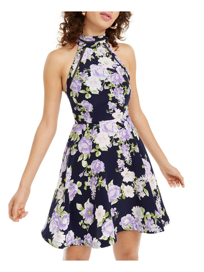 B DARLIN Womens Navy Floral Sleeveless Halter Short Fit + Flare Dress 0