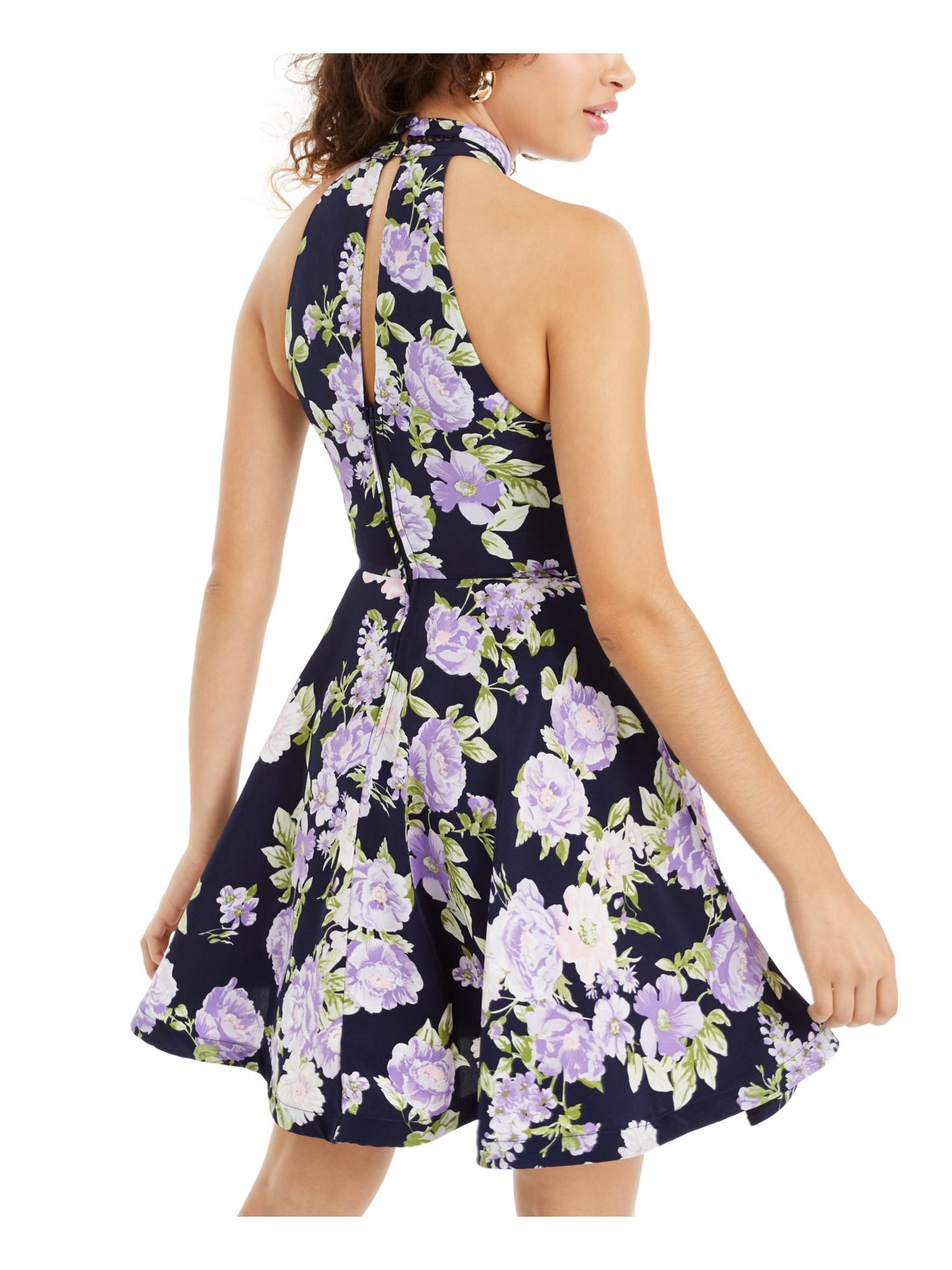 B DARLIN Womens Navy Floral Sleeveless Halter Short Fit + Flare Dress 3\4