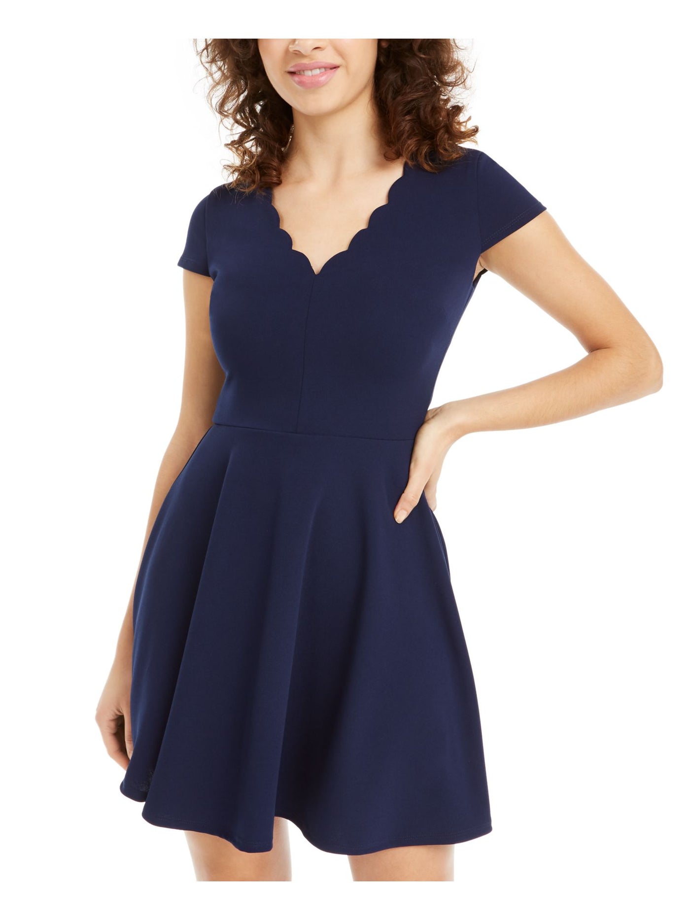 B DARLIN Womens Navy Zippered Tie Back Short Sleeve V Neck Short Fit + Flare Dress 0