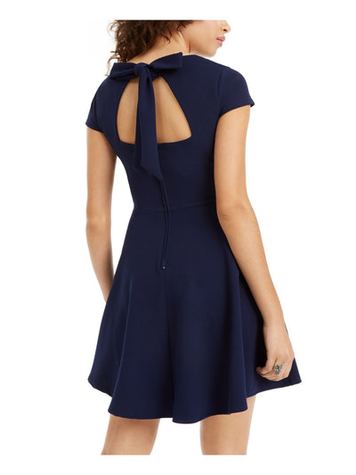 B DARLIN Womens Navy Zippered Tie Back Scalloped Short Sleeve V Neck Short Fit + Flare Dress 1\2