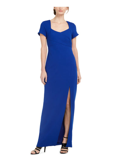 CALVIN KLEIN Womens Blue Slitted Short Sleeve Queen Anne Neckline Full-Length Formal Sheath Dress 2