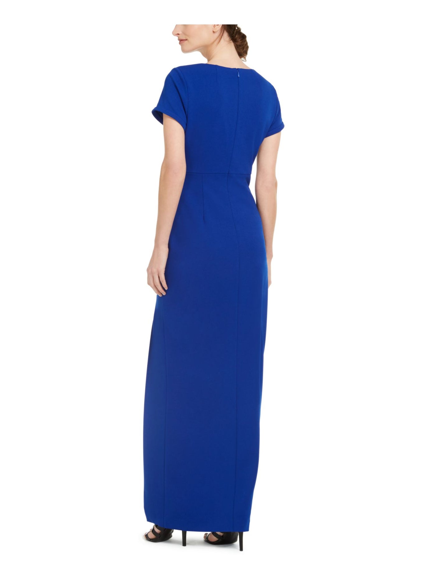 CALVIN KLEIN Womens Blue Slitted Short Sleeve Queen Anne Neckline Full-Length Formal Sheath Dress 14