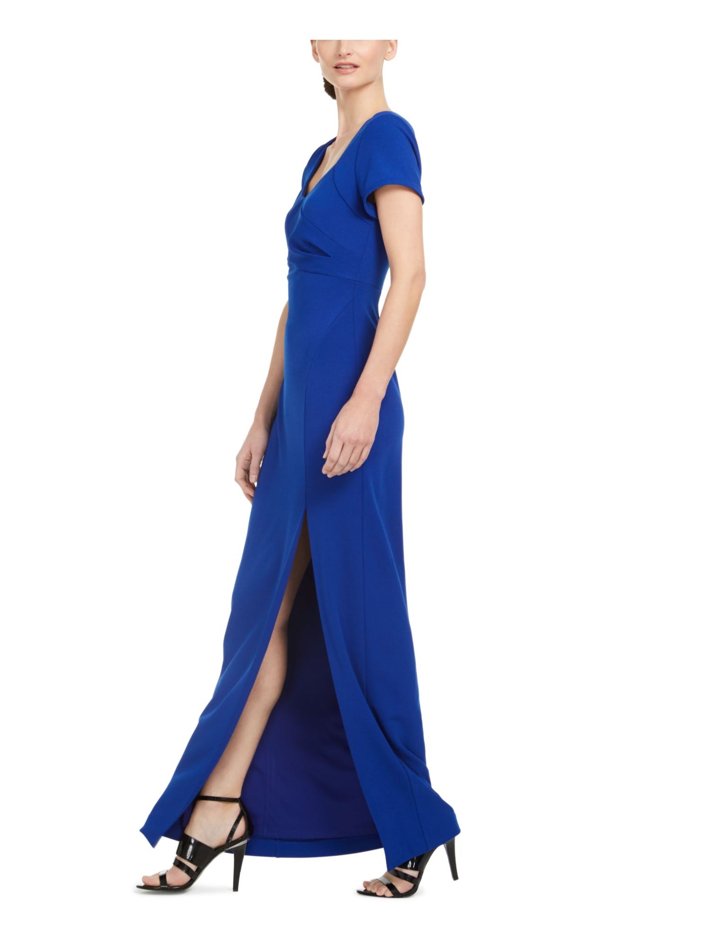 CALVIN KLEIN Womens Blue Slitted Short Sleeve Queen Anne Neckline Full-Length Formal Sheath Dress 2