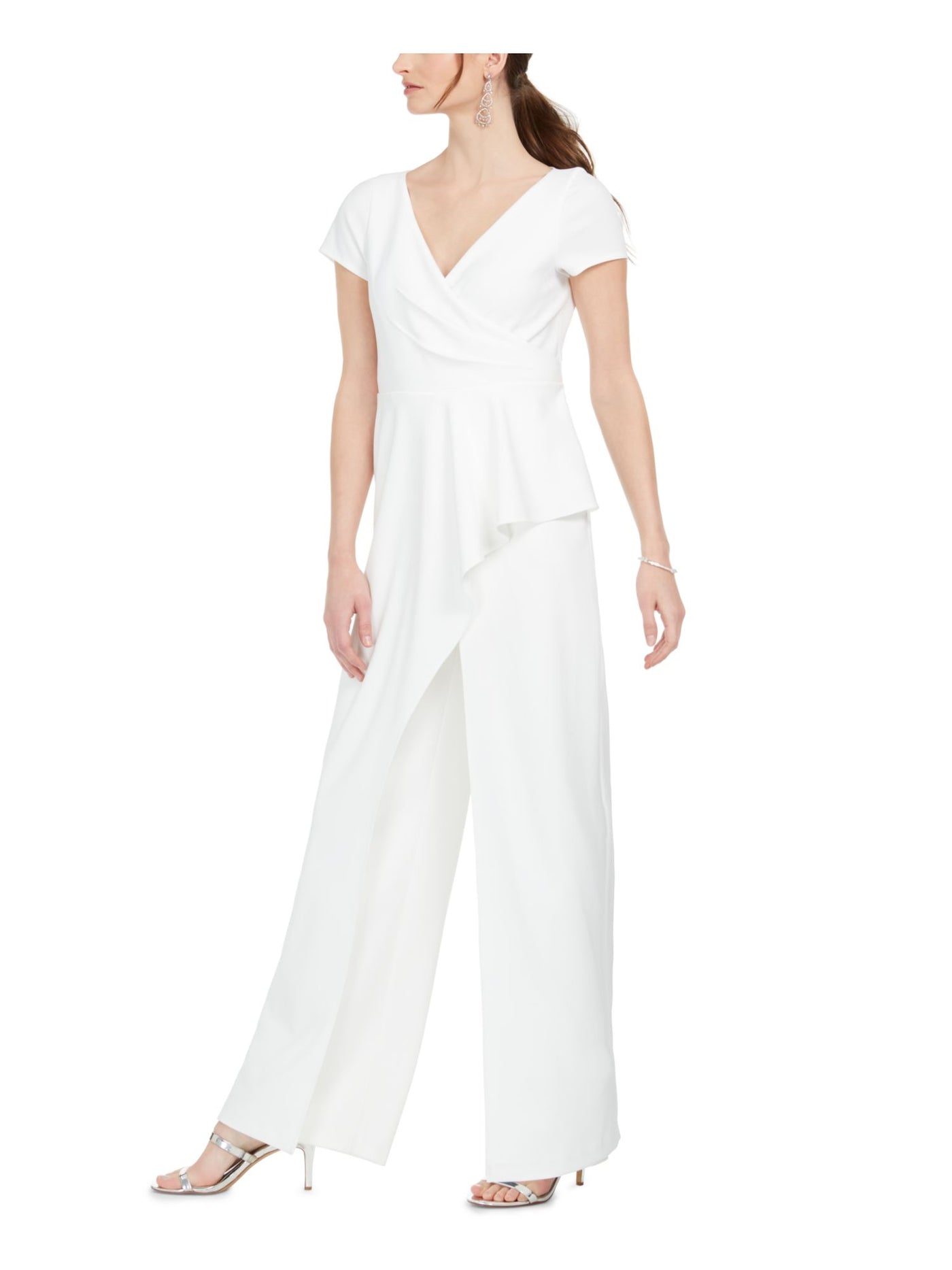 ADRIANNA PAPELL Womens White Zippered Cap Sleeve V Neck Wide Leg Jumpsuit 2