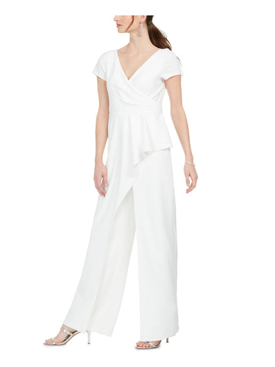 ADRIANNA PAPELL Womens White Zippered Cap Sleeve V Neck Wide Leg Jumpsuit 2