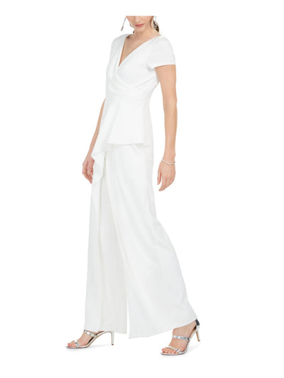 ADRIANNA PAPELL Womens White Zippered Cap Sleeve V Neck Wide Leg Jumpsuit 2