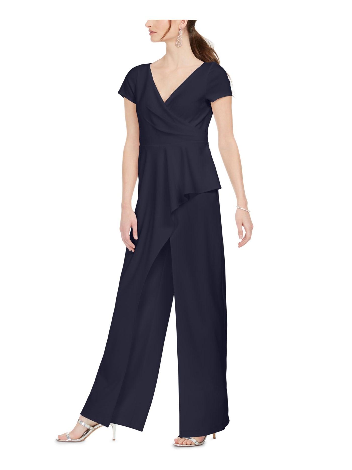 ADRIANNA PAPELL Womens Navy Ruffled Zippered Cap Sleeve Surplice Neckline Evening Wide Leg Jumpsuit 0