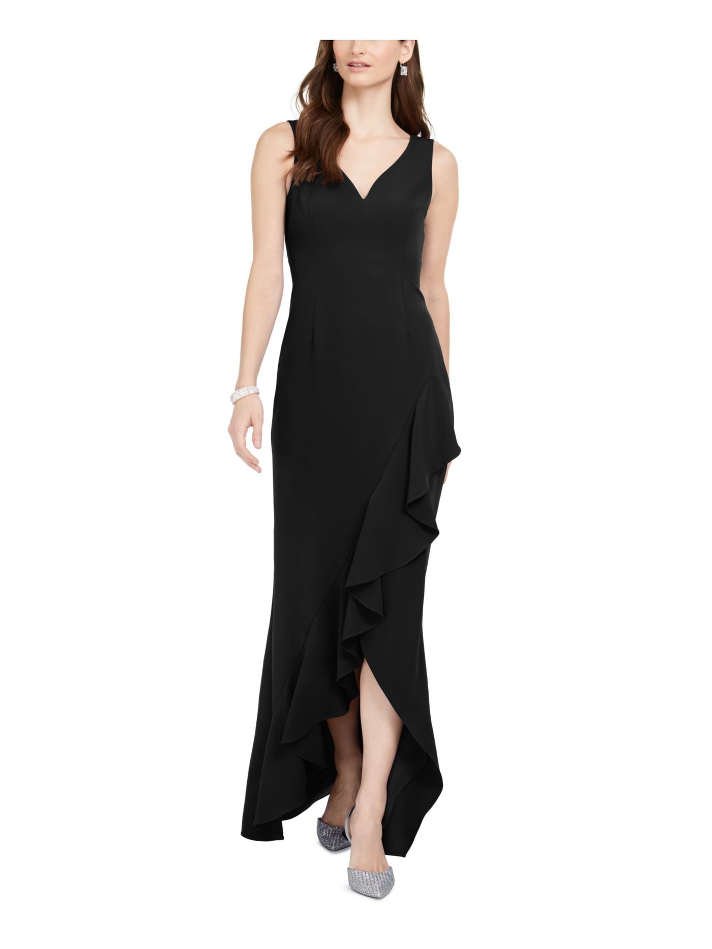 ADRIANNA PAPELL Womens Black Slitted Sleeveless V Neck Full-Length Formal Sheath Dress 4