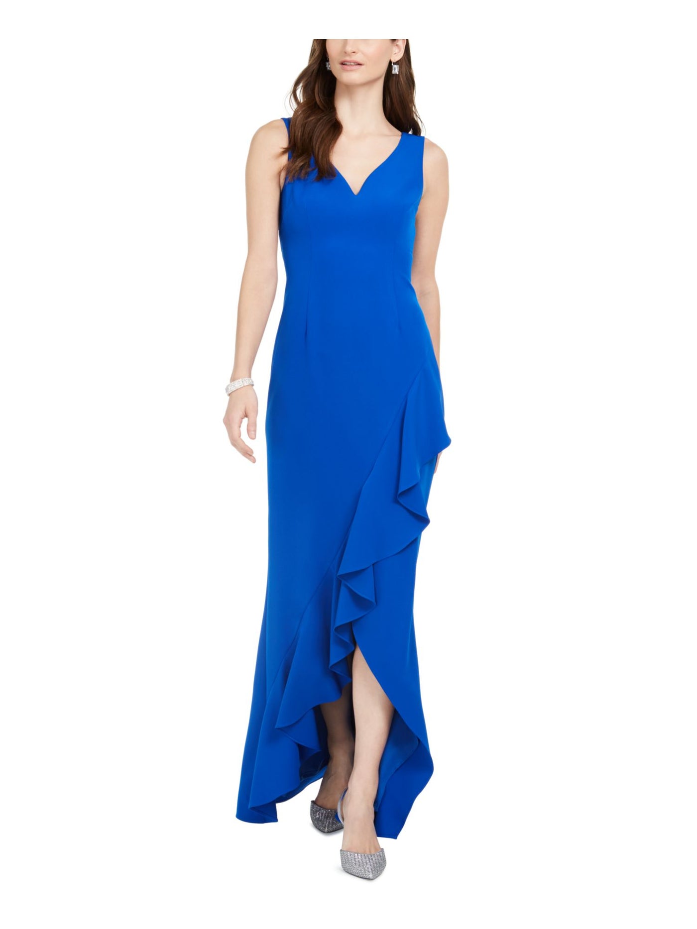 ADRIANNA PAPELL Womens Blue Slitted Sleeveless V Neck Full-Length Formal Sheath Dress 0
