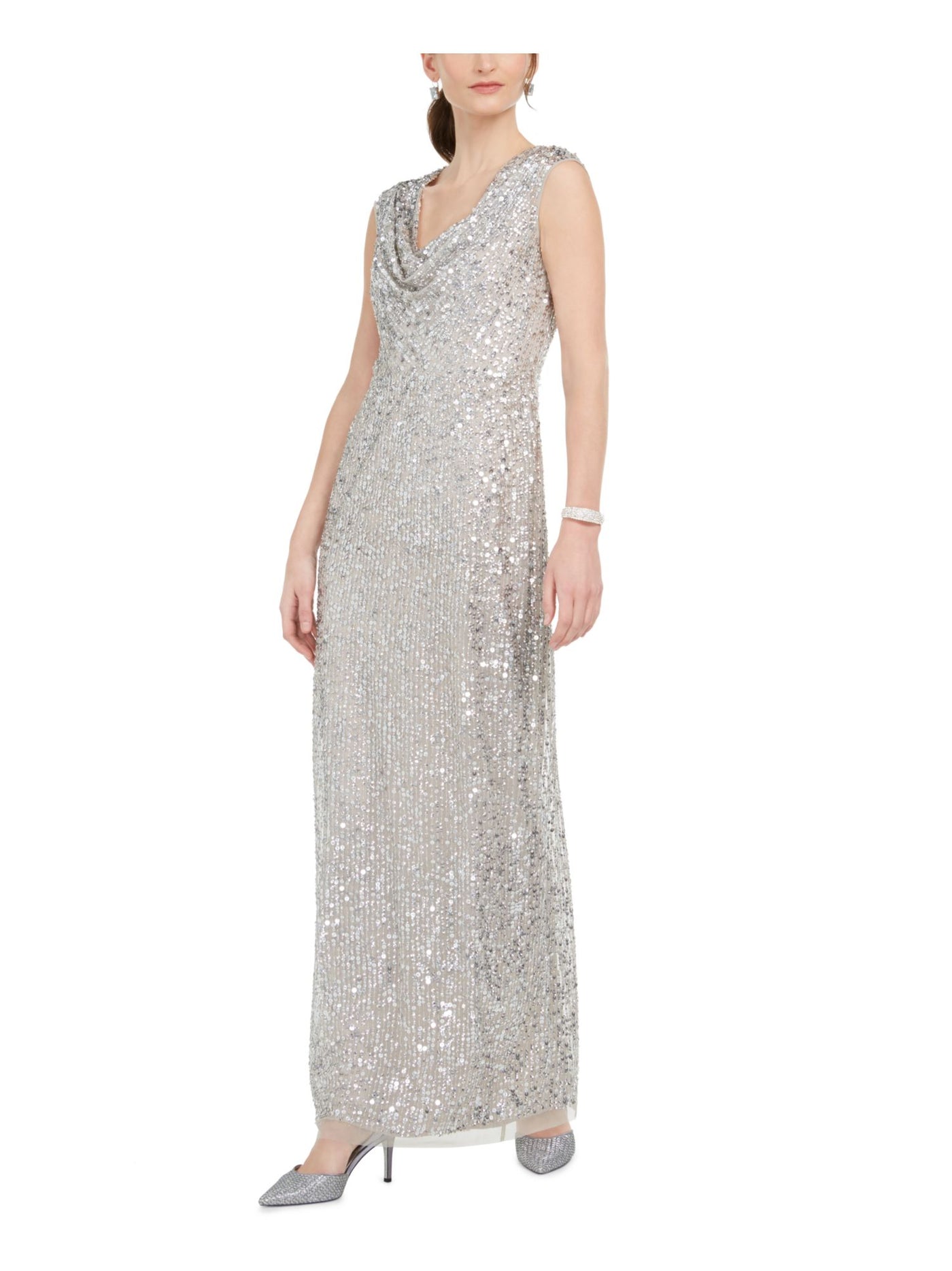 ADRIANNA PAPELL Womens Silver Sequined Sleeveless Cowl Neck Evening Dress 0