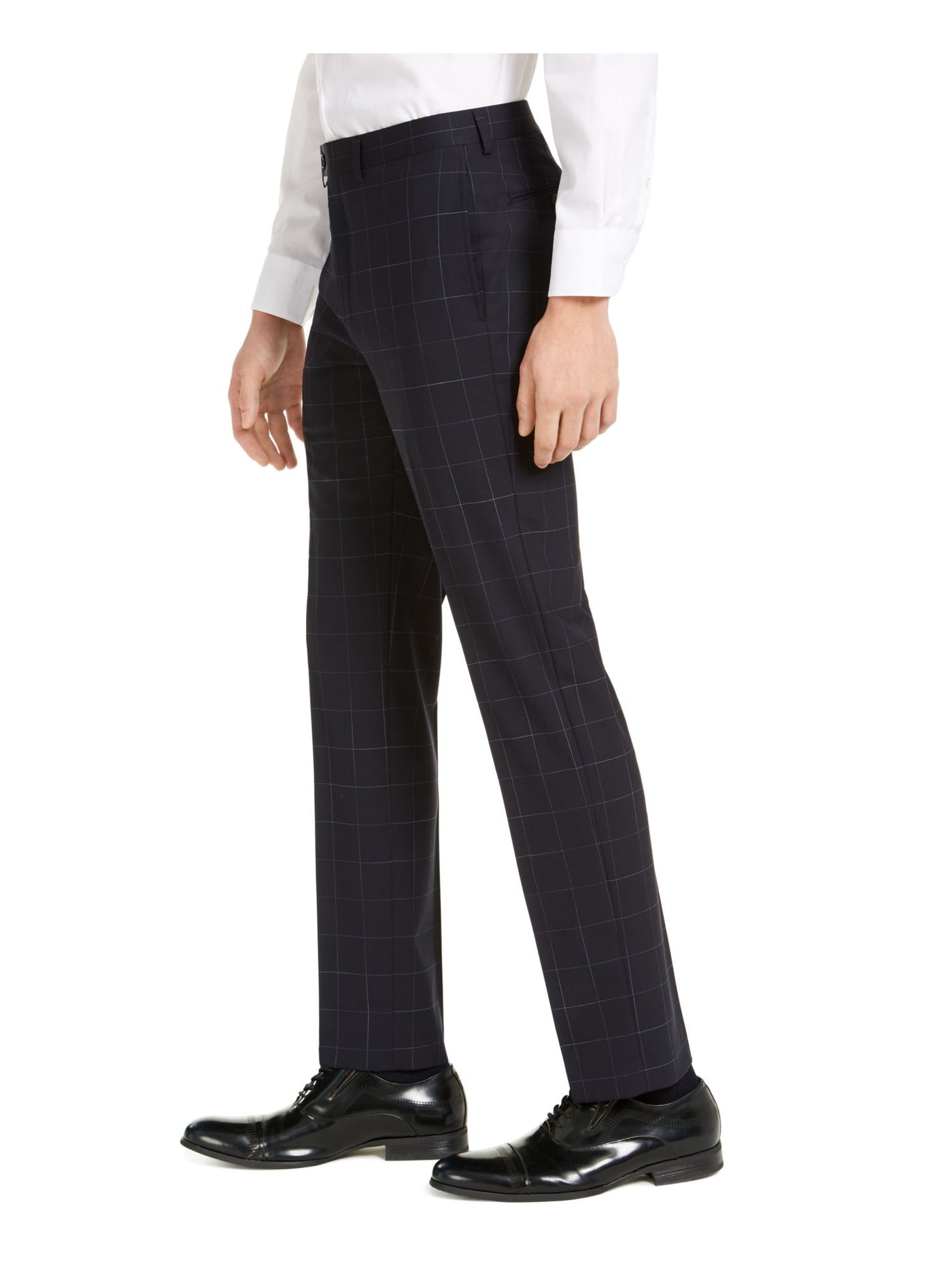 CALVIN KLEIN Mens Navy Stretch, Windowpane Plaid Extra Slim Fit Wool Blend Suit Separate Pants 32W X 30L