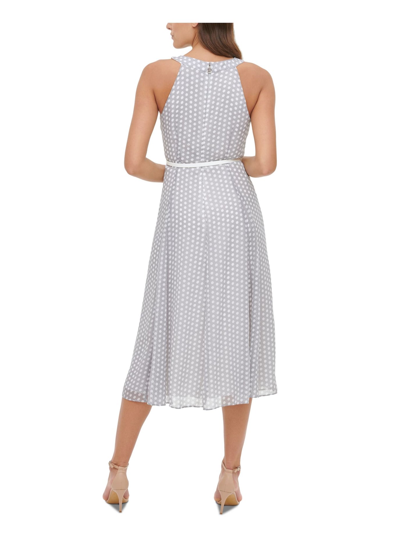 TOMMY HILFIGER Womens Silver Pleated Zippered Belted Lined Polka Dot Sleeveless Halter Midi Evening Fit + Flare Dress 16