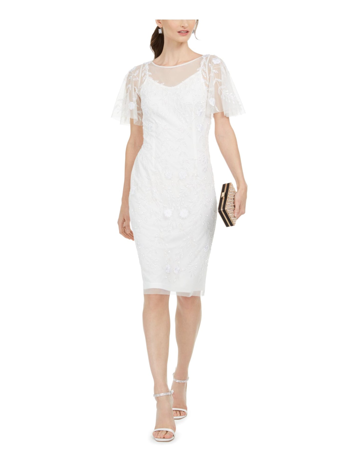 ADRIANNA PAPELL Womens Ivory Embellished Flutter Sleeve Illusion Neckline Knee Length Formal Sheath Dress 2