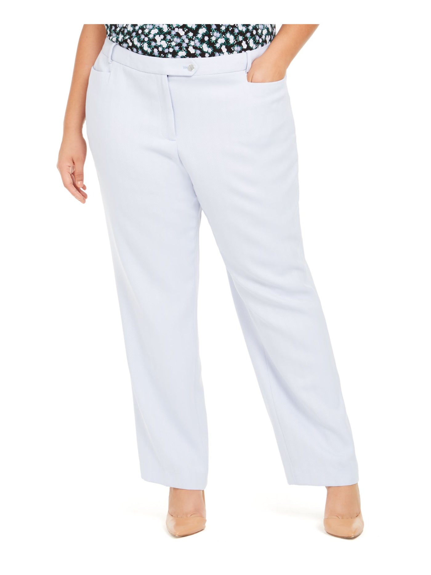 CALVIN KLEIN Womens Light Blue Herringbone Straight leg Pants Plus 14W