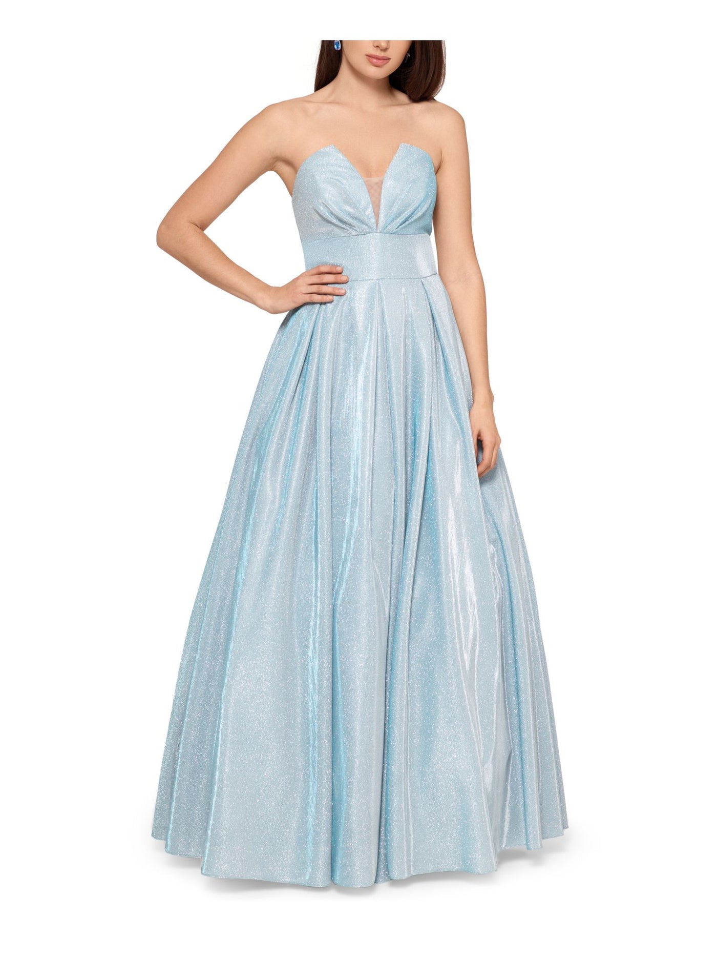 BETSY & ADAM Womens Light Blue Glitter Zippered Metallic Illusion Ball Gown Sleeveless Sweetheart Neckline Full-Length Formal Dress 4