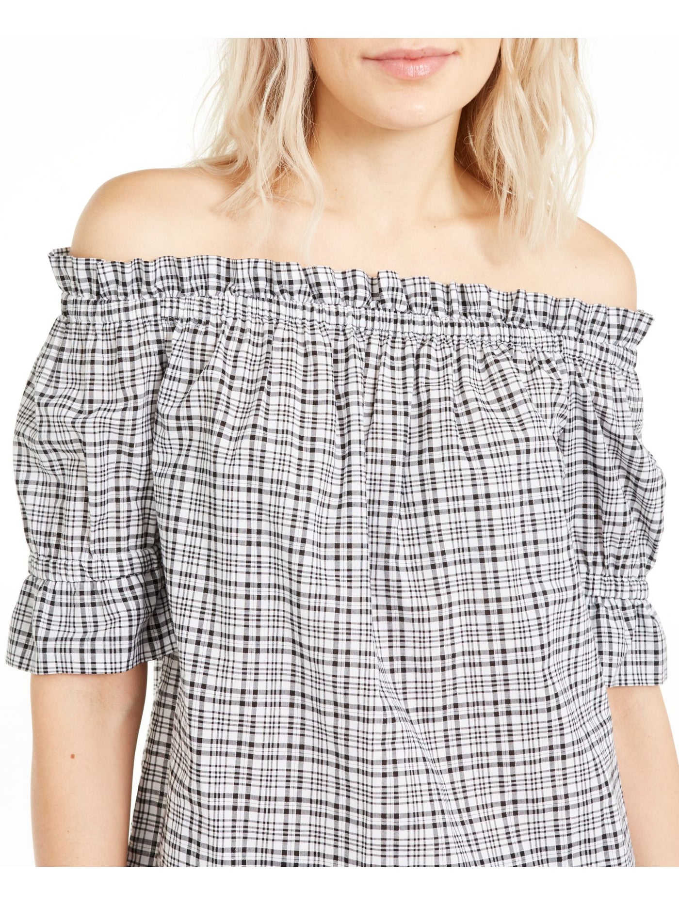 MICHAEL KORS Womens Black Ruffled Metallic Plaid Elbow Sleeve Off Shoulder Blouse S