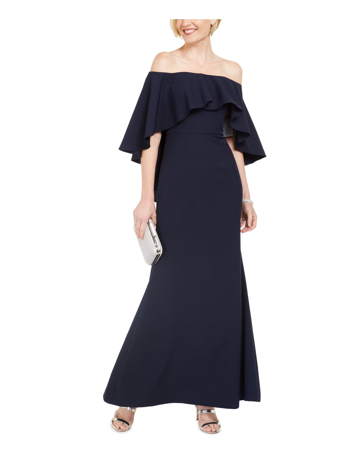 VINCE CAMUTO Womens Navy Ruffled Bell Sleeve Off Shoulder Full-Length Formal Mermaid Dress 12