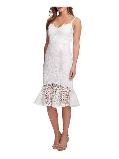 GUESS Womens White Lace Zippered Flounce-hem Lined Spaghetti Strap Sweetheart Neckline Knee Length Sheath Dress 14