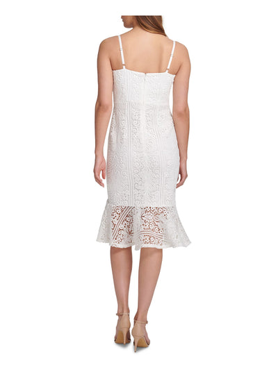 GUESS Womens White Lace Zippered Flounce-hem Lined Spaghetti Strap Sweetheart Neckline Knee Length Sheath Dress 14