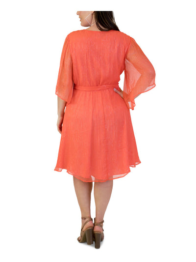 MAREE Womens Orange Tie Sheer Metallic-threading Pinstripe Flutter Sleeve Surplice Neckline Knee Length Cocktail Faux Wrap Dress 22
