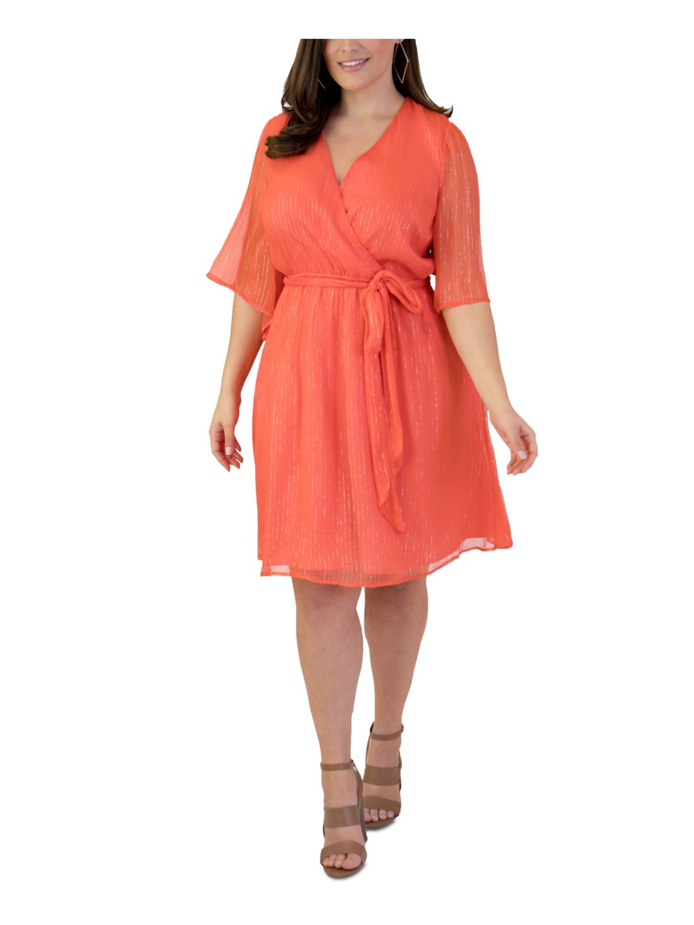 MAREE Womens Orange Tie Sheer Metallic-threading Pinstripe Flutter Sleeve Surplice Neckline Knee Length Cocktail Faux Wrap Dress 22