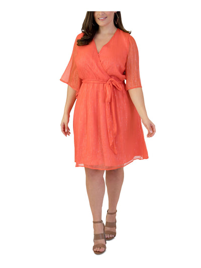 MAREE Womens Orange Tie Sheer Metallic-threading Pinstripe Flutter Sleeve Surplice Neckline Knee Length Cocktail Faux Wrap Dress 22