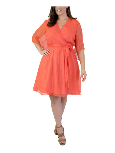 MAREE Womens Orange Tie Sheer Metallic-threading Pinstripe Flutter Sleeve Surplice Neckline Knee Length Cocktail Faux Wrap Dress 22