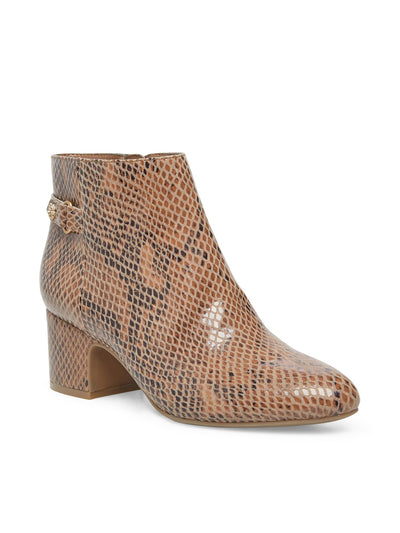 ANNE KLEIN Womens Brown Snake Print Strap Accent Cushioned Studded Hilda Almond Toe Block Heel Zip-Up Booties 10 M