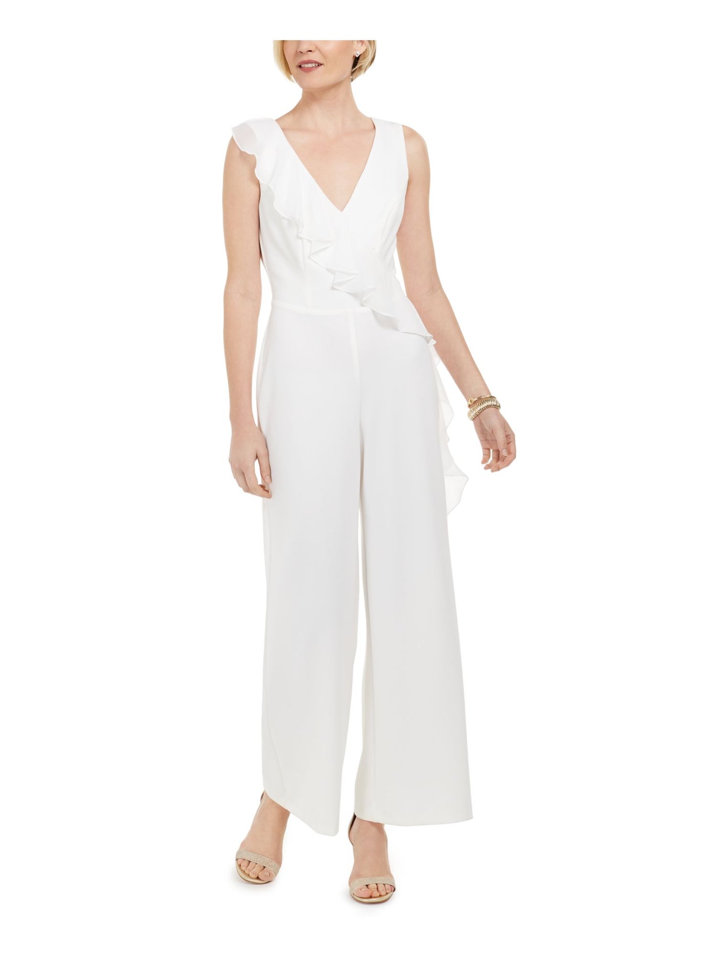 CONNECTED APPAREL Womens Sleeveless V Neck Evening Wide Leg Jumpsuit