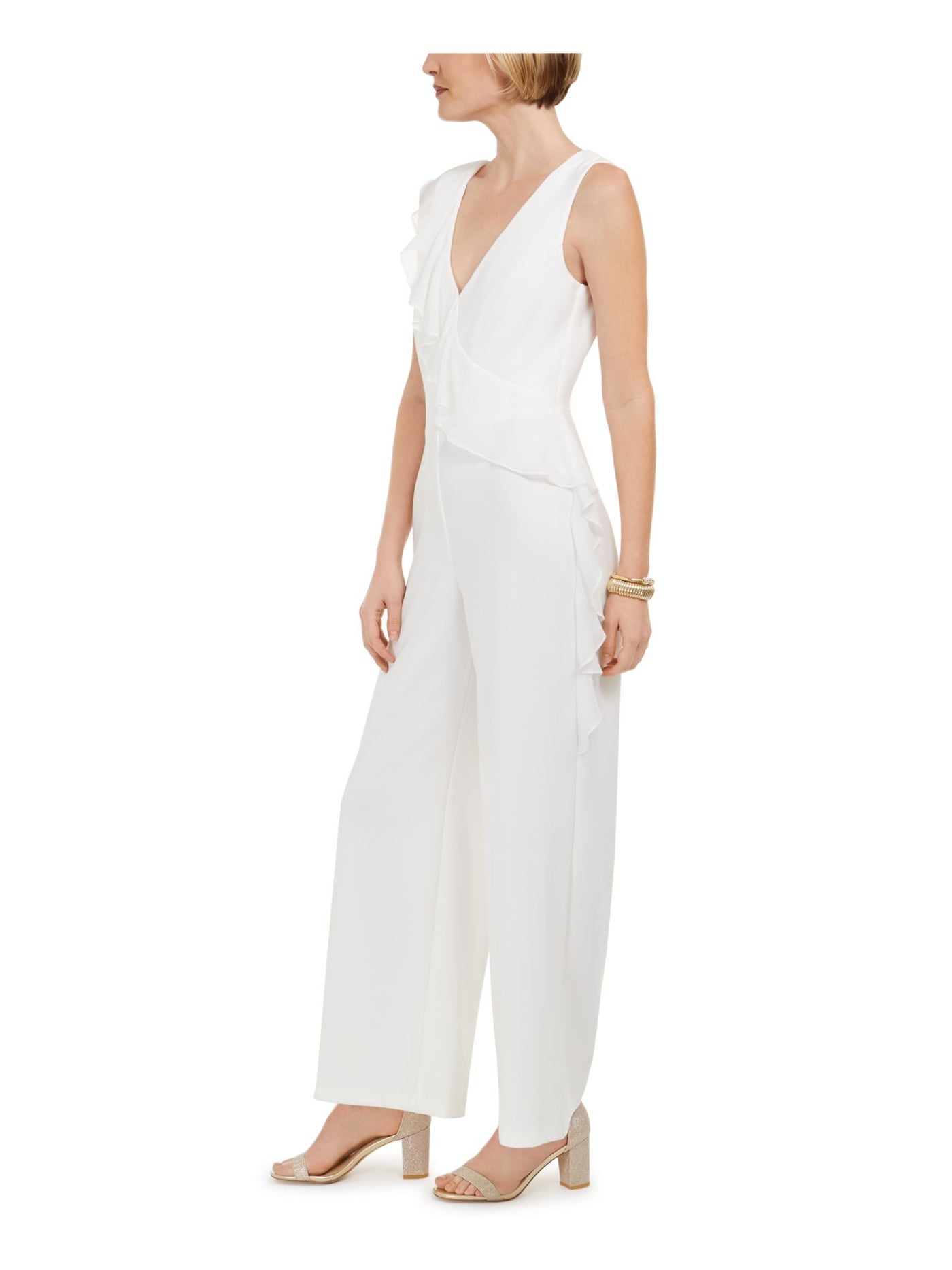 CONNECTED APPAREL Womens Ivory Sleeveless V Neck Evening Wide Leg Jumpsuit Petites 4P