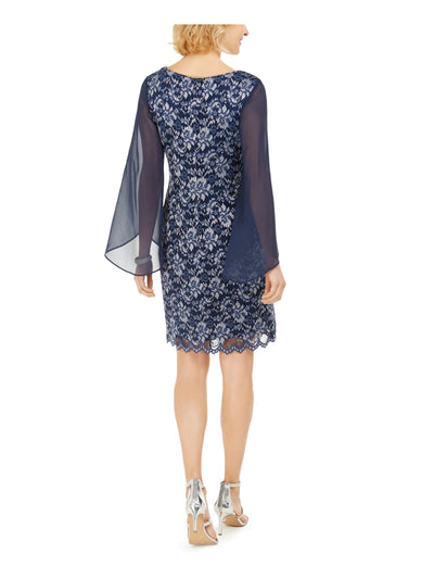 CONNECTED APPAREL Womens Navy Stretch Lace Split-sleeve Chiffon Scalloped Scoop Neck Short Cocktail Sheath Dress Plus 20W