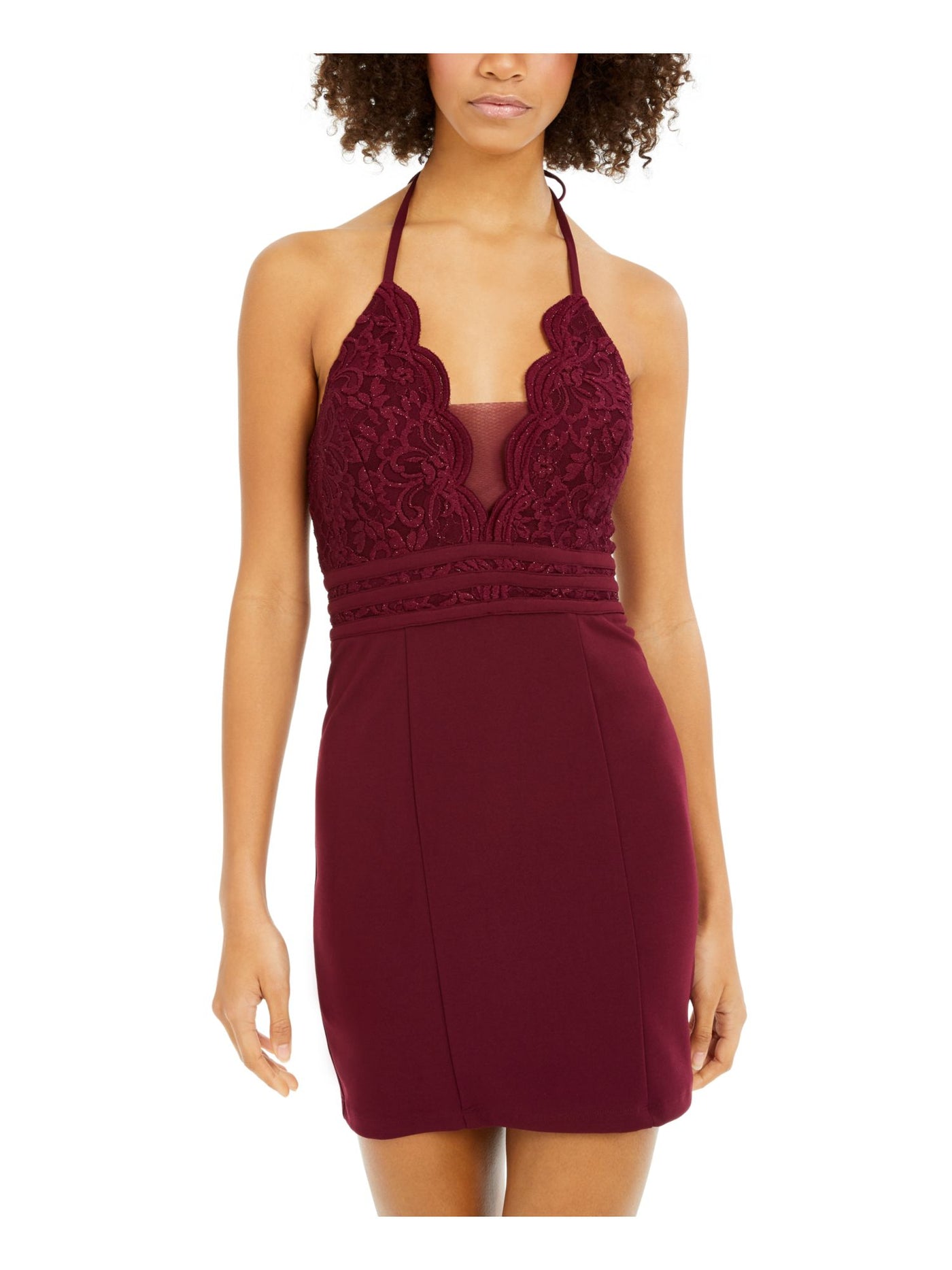 SPEECHLESS Womens Maroon Lace Shimmering Spaghetti Strap V Neck Mini Cocktail Body Con Dress 1