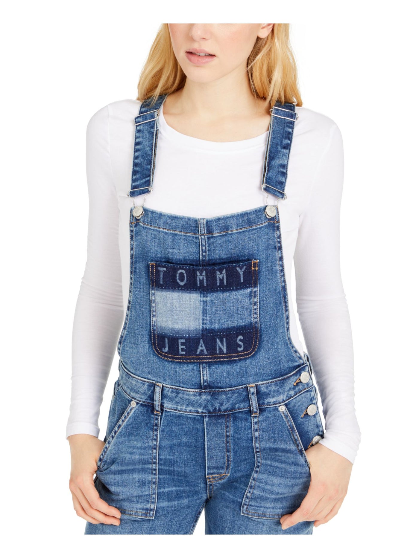 TOMMY JEANS Womens Denim Distressed Pocketed Bib Overalls Adjustable Straps Sleeveless Square Neck Cropped Jumpsuit