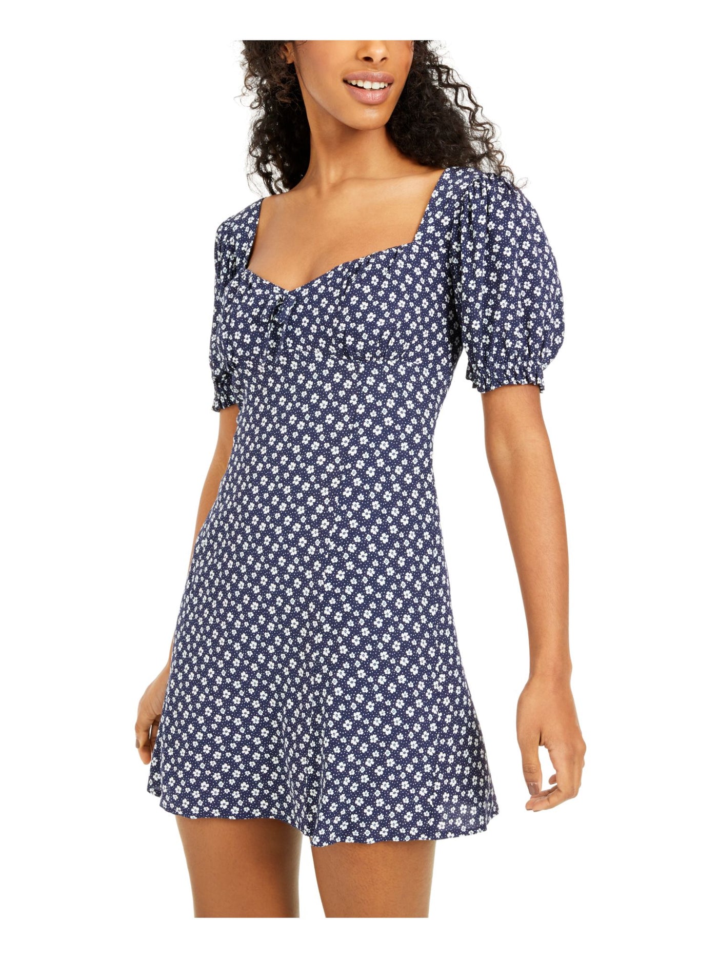 SEQUIN HEARTS Womens Navy Ruched Floral Pouf Sleeve Sweetheart Neckline Short Fit + Flare Dress XS