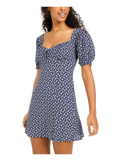 SEQUIN HEARTS Womens Navy Ruched Floral Pouf Sleeve Sweetheart Neckline Short Fit + Flare Dress XS