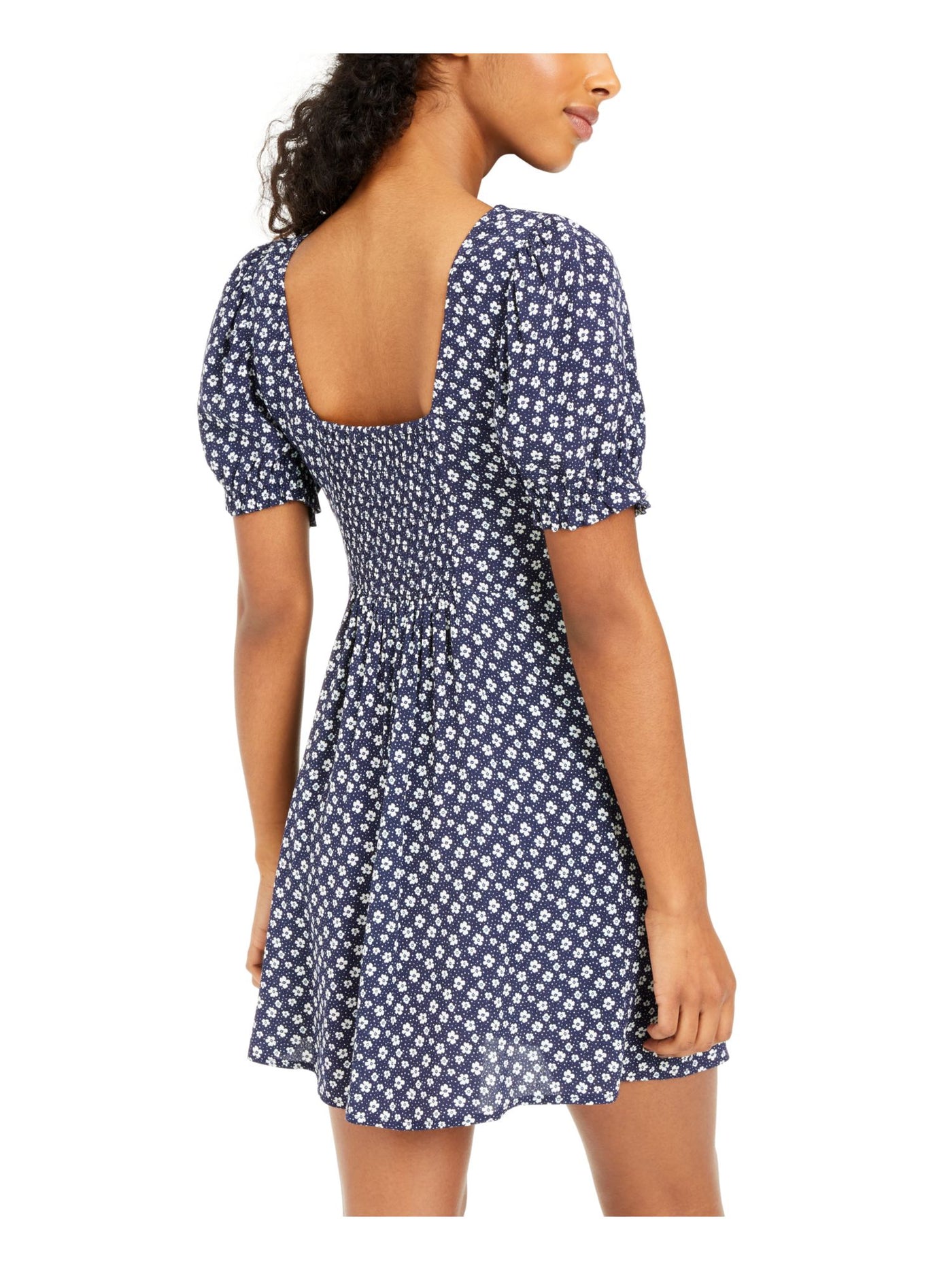 SEQUIN HEARTS Womens Navy Ruched Floral Pouf Sleeve Sweetheart Neckline Short Fit + Flare Dress XS