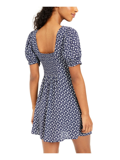 SEQUIN HEARTS Womens Navy Ruched Floral Pouf Sleeve Sweetheart Neckline Short Fit + Flare Dress XS