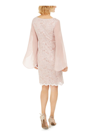 CONNECTED APPAREL Womens Pink Stretch Lace Sequined Sheer Flutter Sleeve Round Neck Above The Knee Party Sheath Dress 10