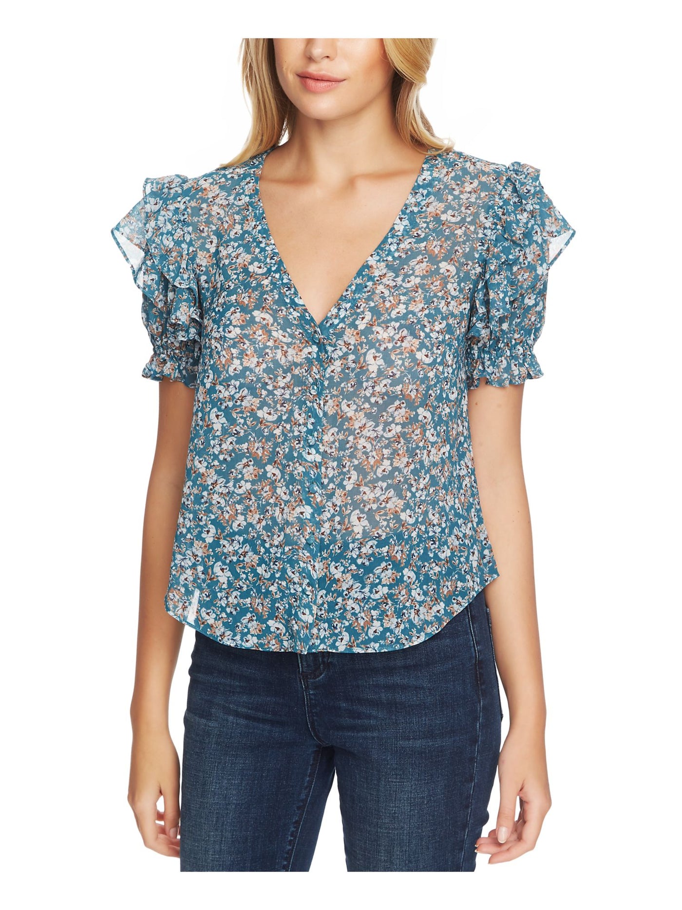 1. STATE Womens Teal Ruffled Sheer Button-up Floral Short Sleeve V Neck Blouse XS