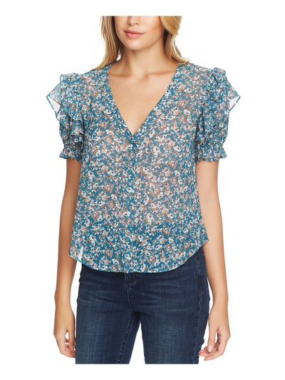 1. STATE Womens Teal Ruffled Sheer Button-up Floral Short Sleeve V Neck Blouse XS