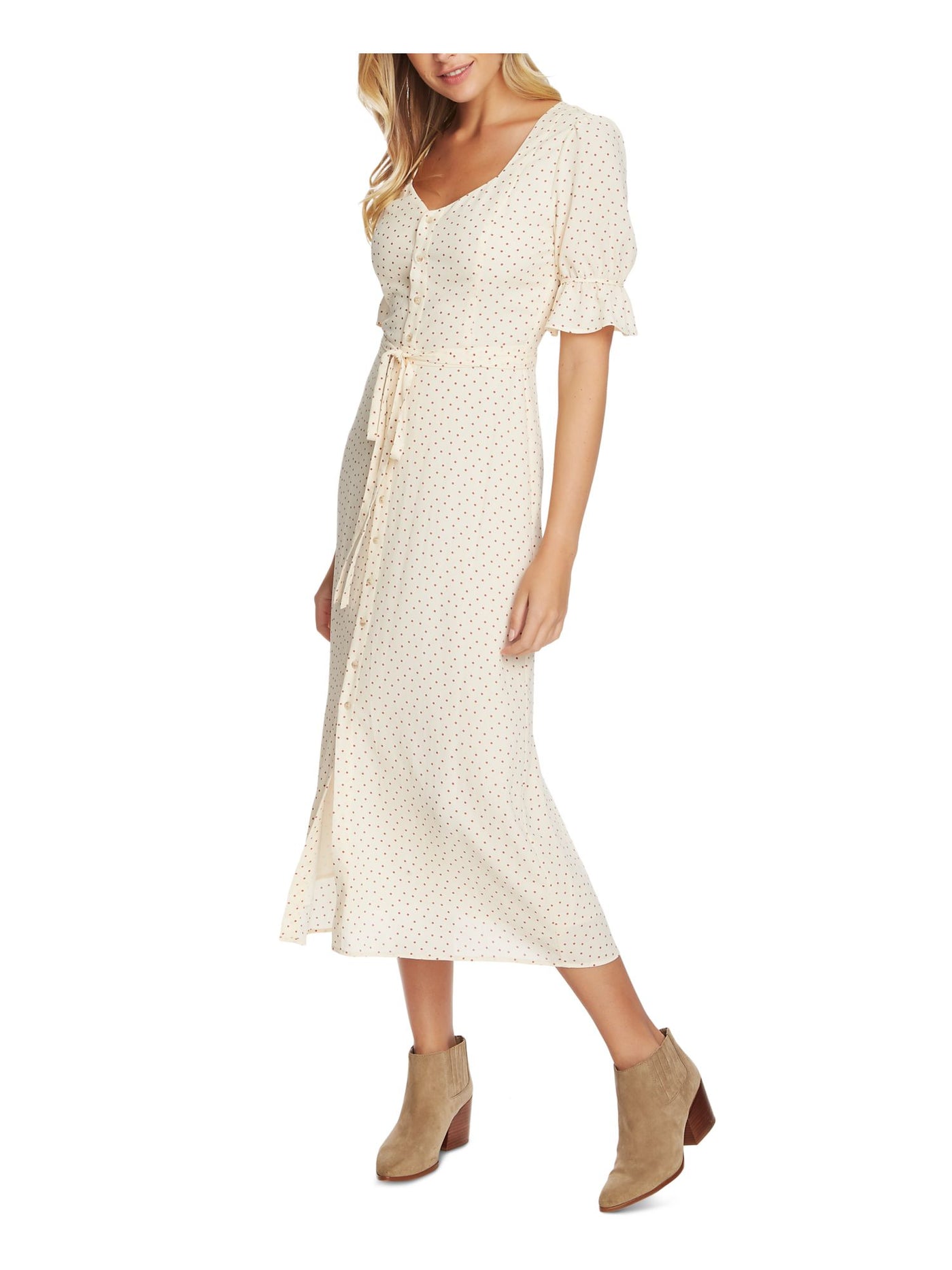 1. STATE Womens Beige Tie Waist, Polka Dot Short Sleeve V Neck Tea-Length Dress Juniors 12