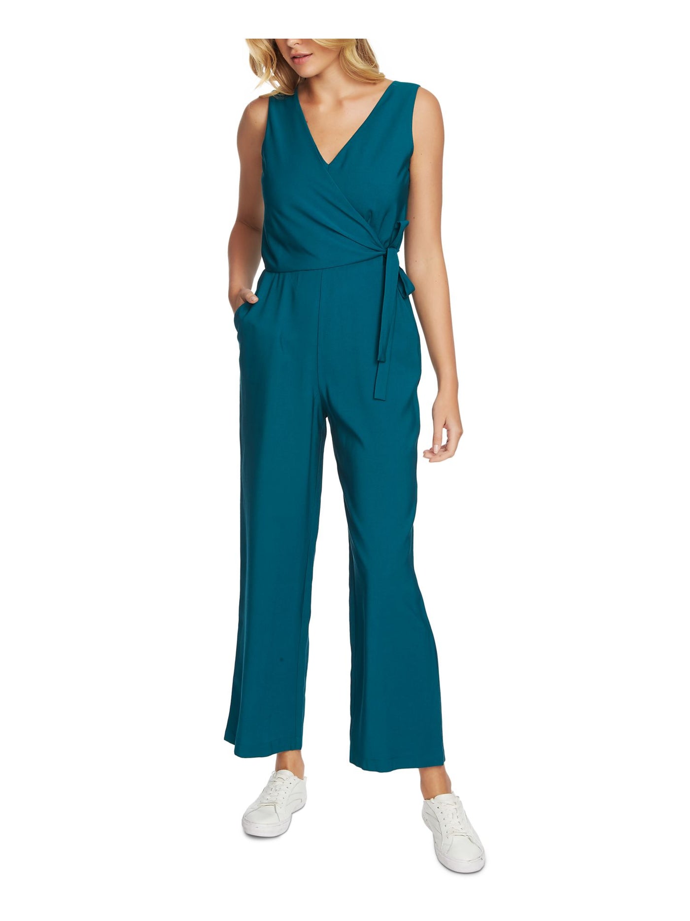 1. STATE Womens Green Sleeveless V Neck Wrap Cropped Jumpsuit 2