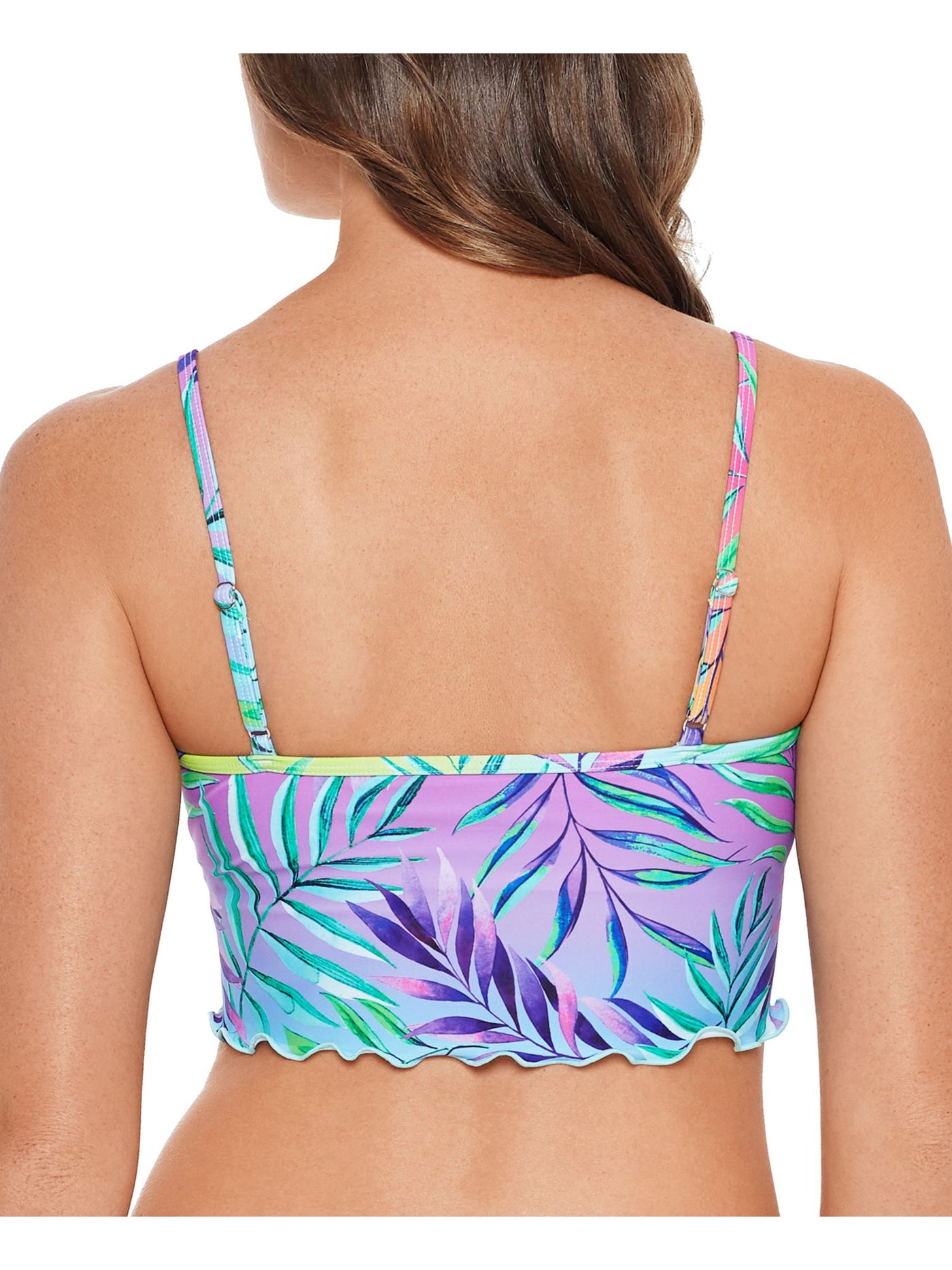 SALT + COVE Women's Multi Color Tropical Print Stretch Ruffled Hem Lined Adjustable Deep V Neck Tropical Punch Swimsuit Top M