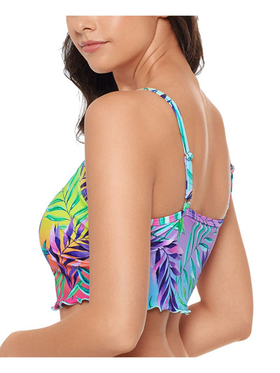 SALT + COVE Women's Multi Color Tropical Print Stretch Ruffled Hem Lined Adjustable Deep V Neck Tropical Punch Swimsuit Top M