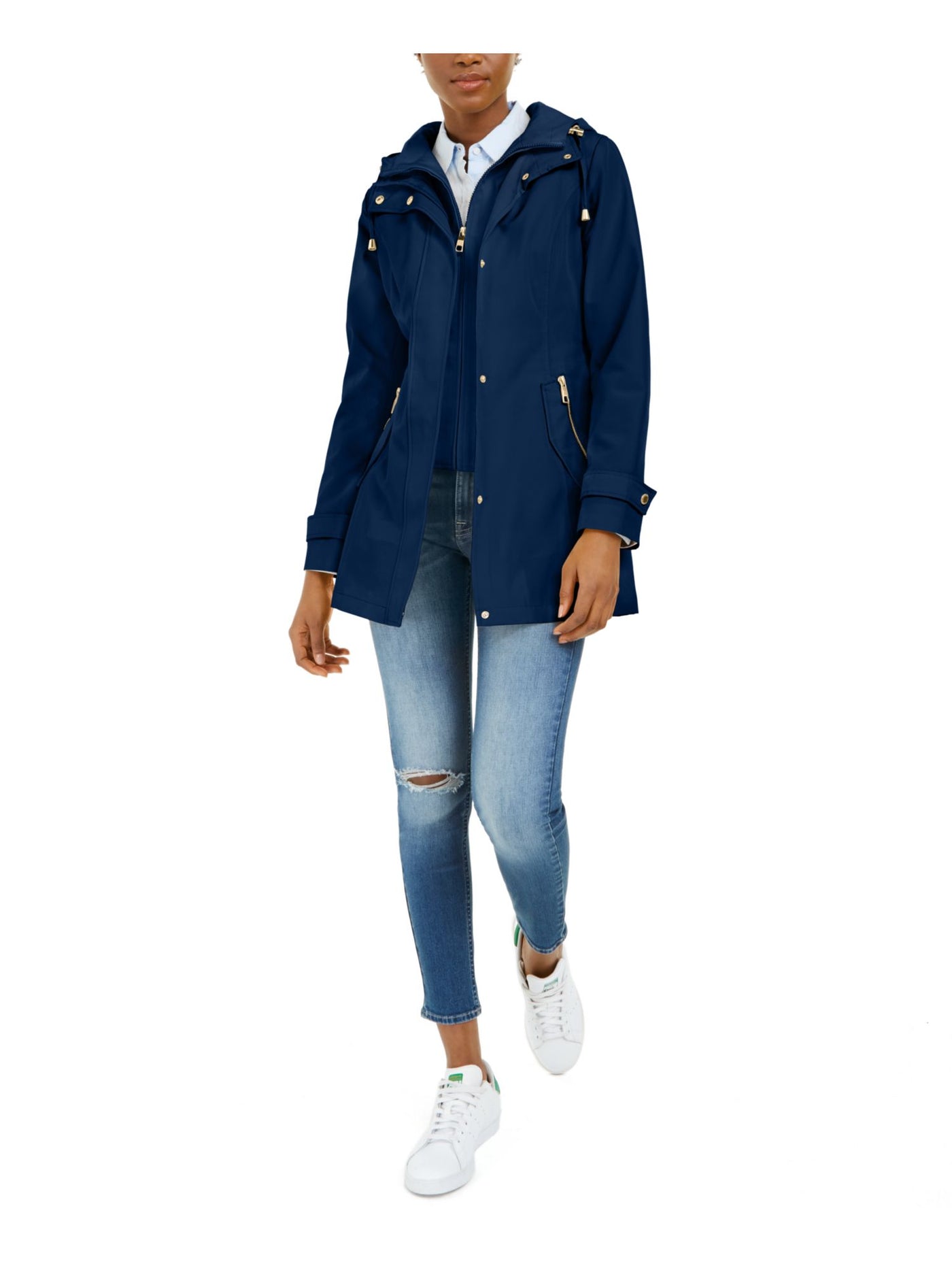 NAUTICA Womens Belted Pocketed Water-resistant Rain Coat