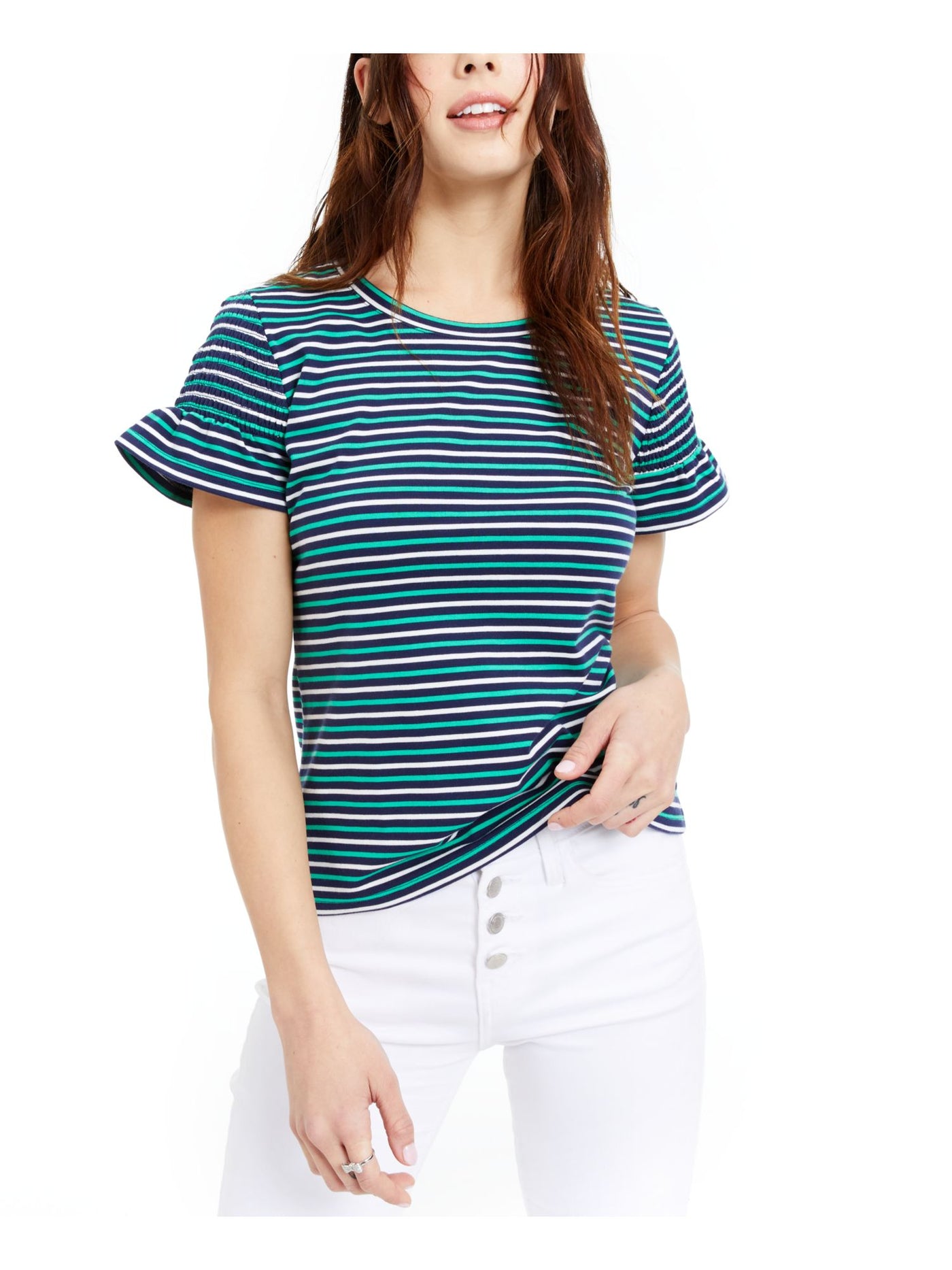 MAISON JULES Womens Green Striped Short Sleeve Crew Neck T-Shirt Juniors L