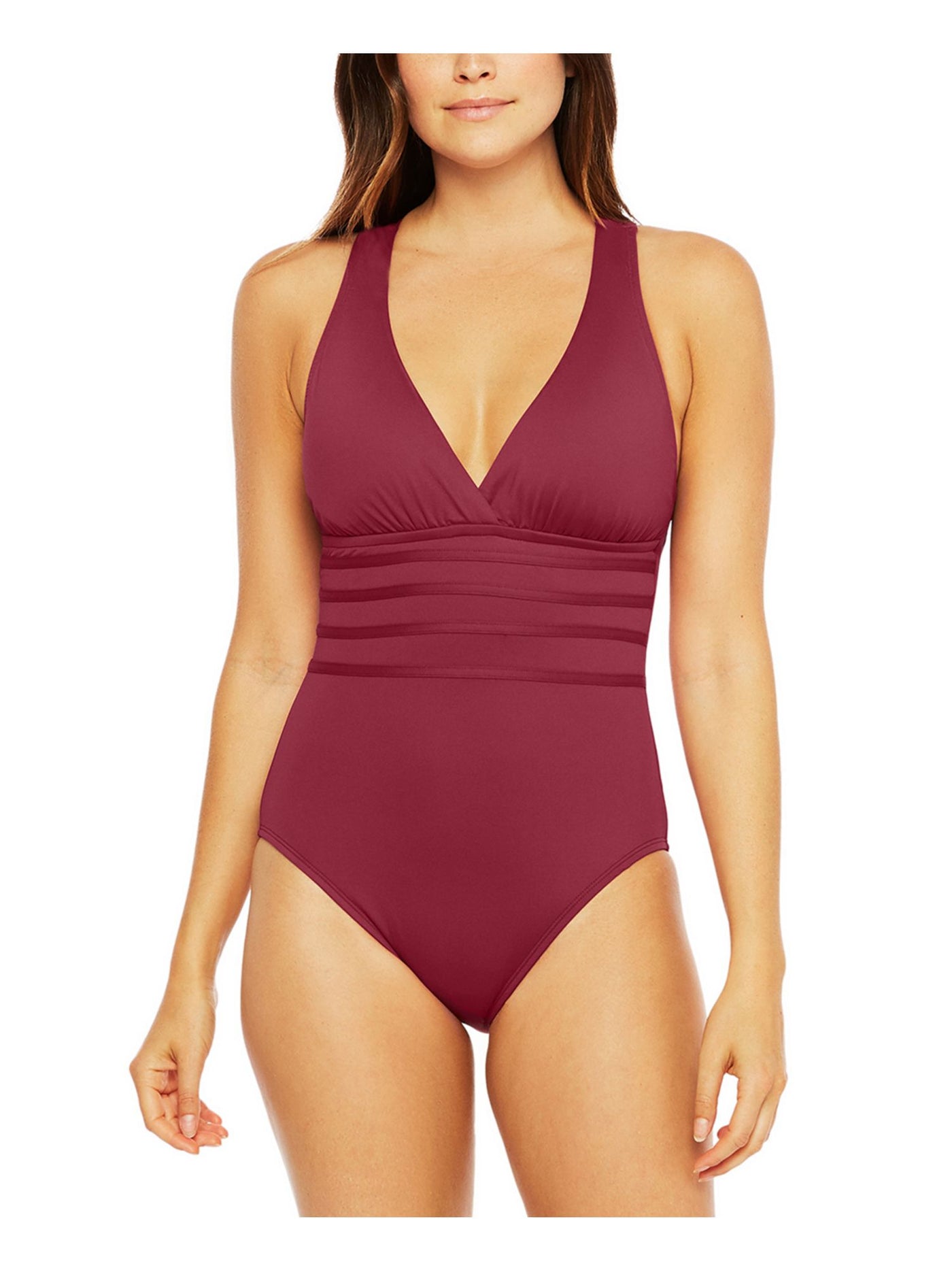 LA BLANCA Women's Burgundy Stretch Tummy Control Removable Cups Lined Moderate Coverage Strappy Island Goddess Surplice One Piece Swimsuit 8