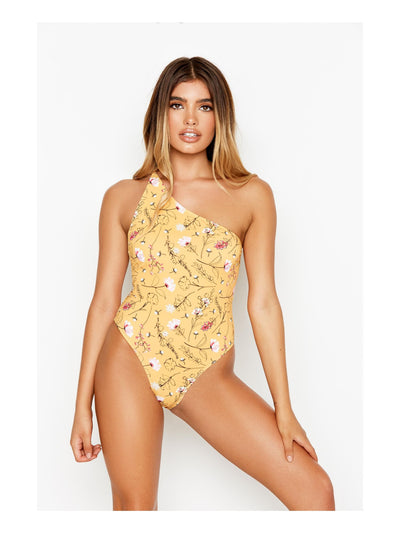 RIS-K Women's Yellow Printed Stretch Adjustable Moderate Coverage Bungalow One Shoulder One Piece Swimsuit XS