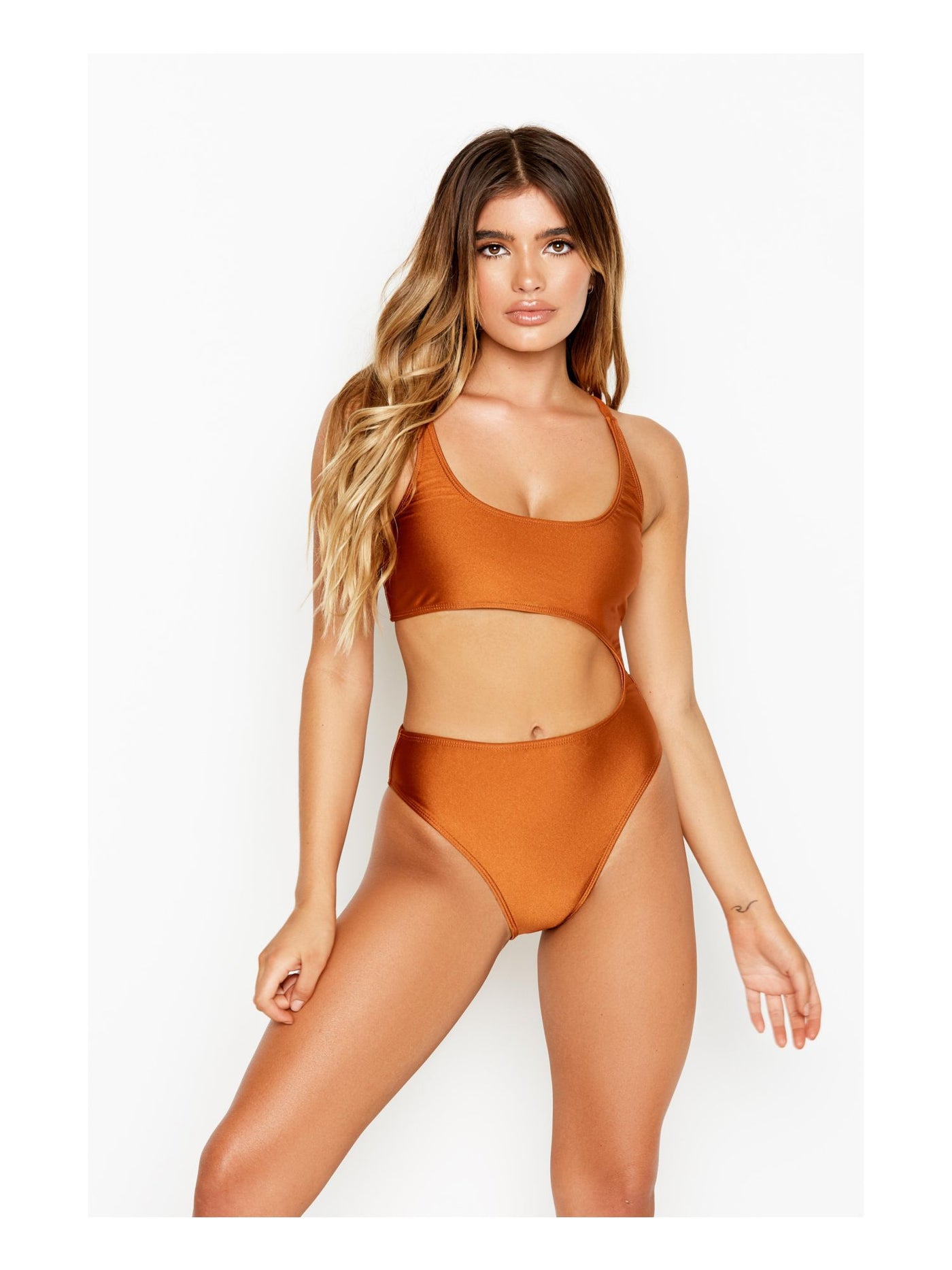RIS-K Women's Brown Stretch Shimmer Scoop Neck Cutout Moderate Coverage Adjustable Starboard One Piece Swimsuit XS