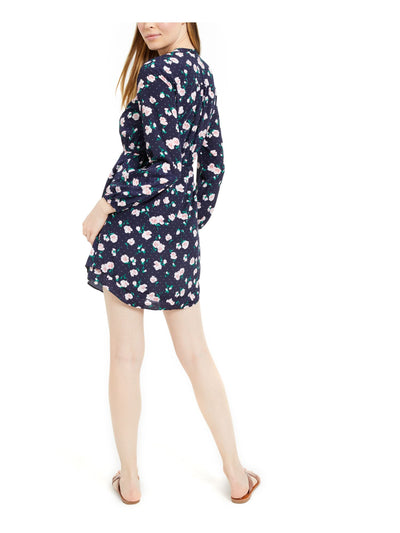 MAISON JULES Womens Navy Floral Long Sleeve V Neck Short Sheath Dress XS